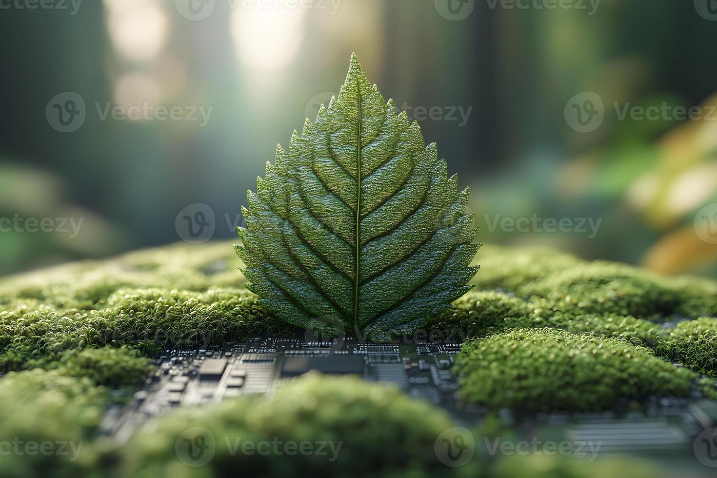 Sustainable Technology Concept Leaf on Circuit Board for Eco-Friendly Innovations photo