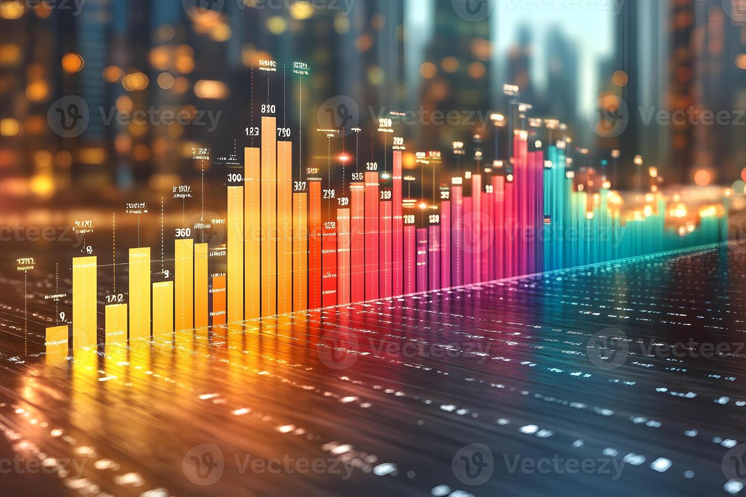Colorful Digital Bar Graph Against Abstract Cityscape Background for Business Analysis photo