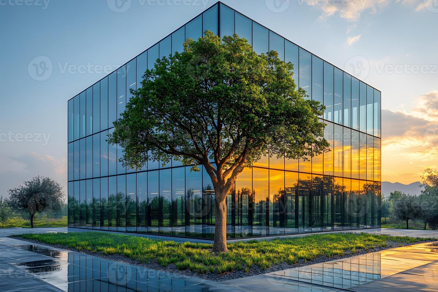Sustainable Architecture with Modern Glass Building Reflecting Nature at Sunset photo