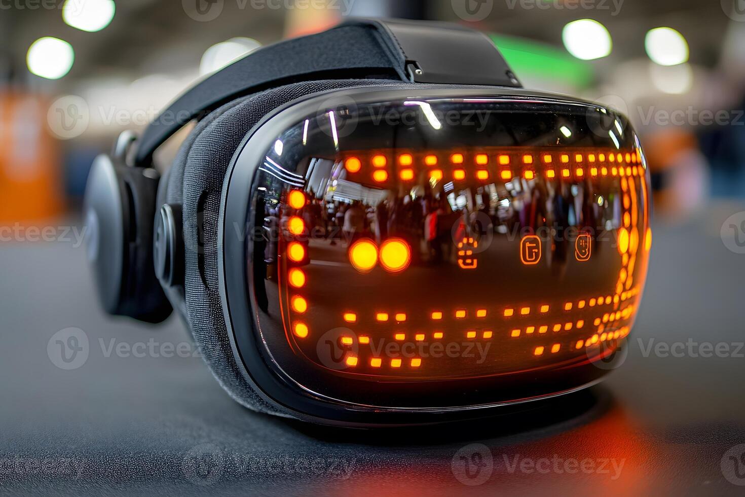 Futuristic VR Headset with Reflective LED Display for Gaming and Tech Design photo