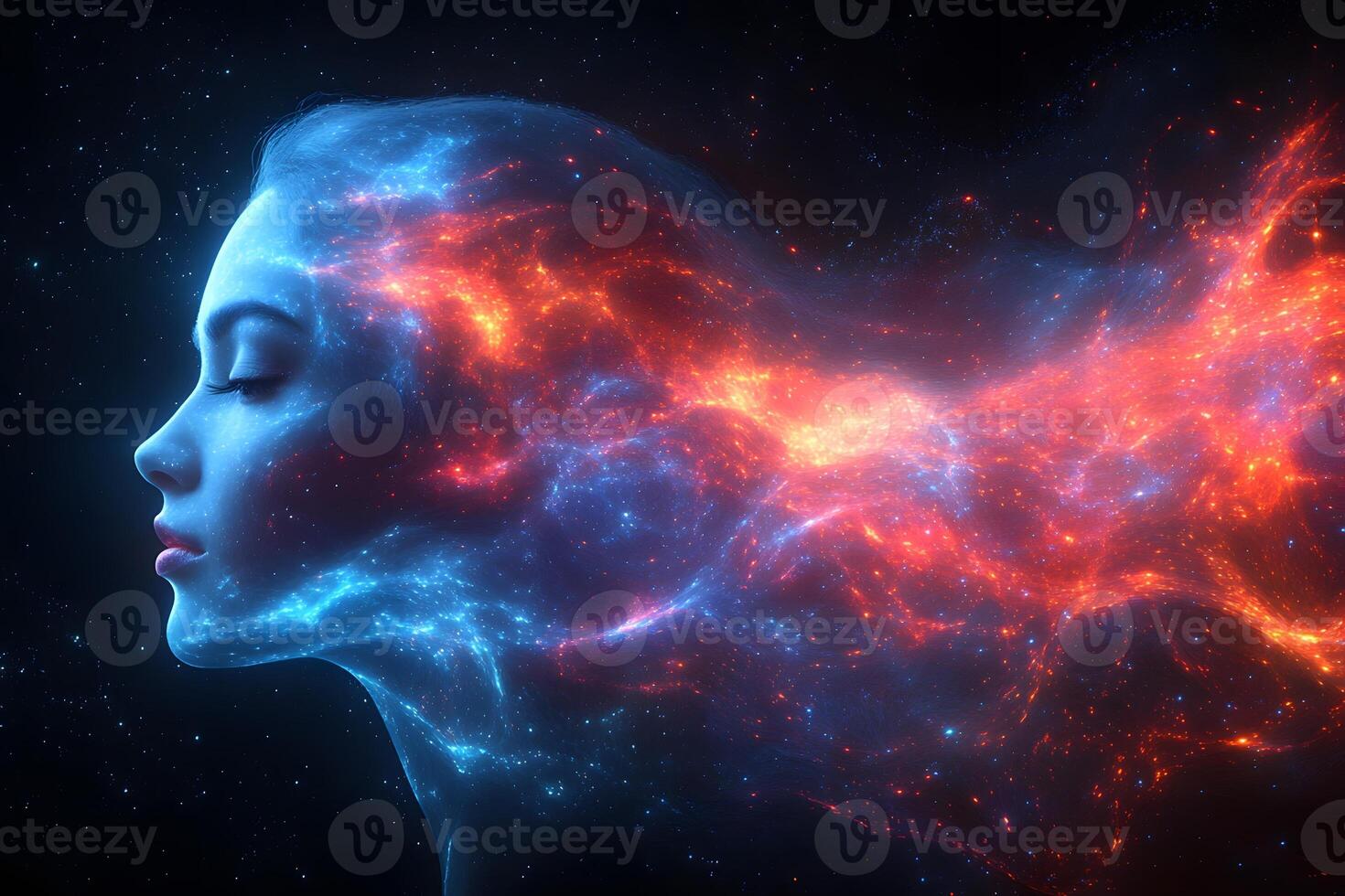 Cosmic Dreamscape with Ethereal Woman and Vibrant Nebula for Digital Art and Fantasy Concepts photo