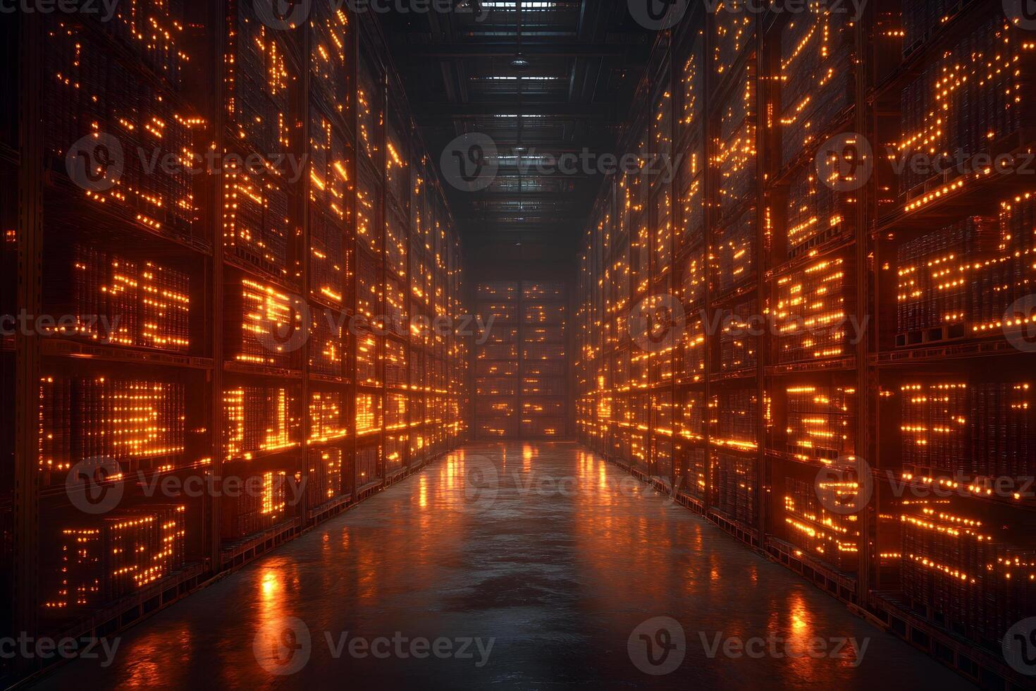 Futuristic Data Center with Illuminated Server Racks for Technology and Network Solutions photo