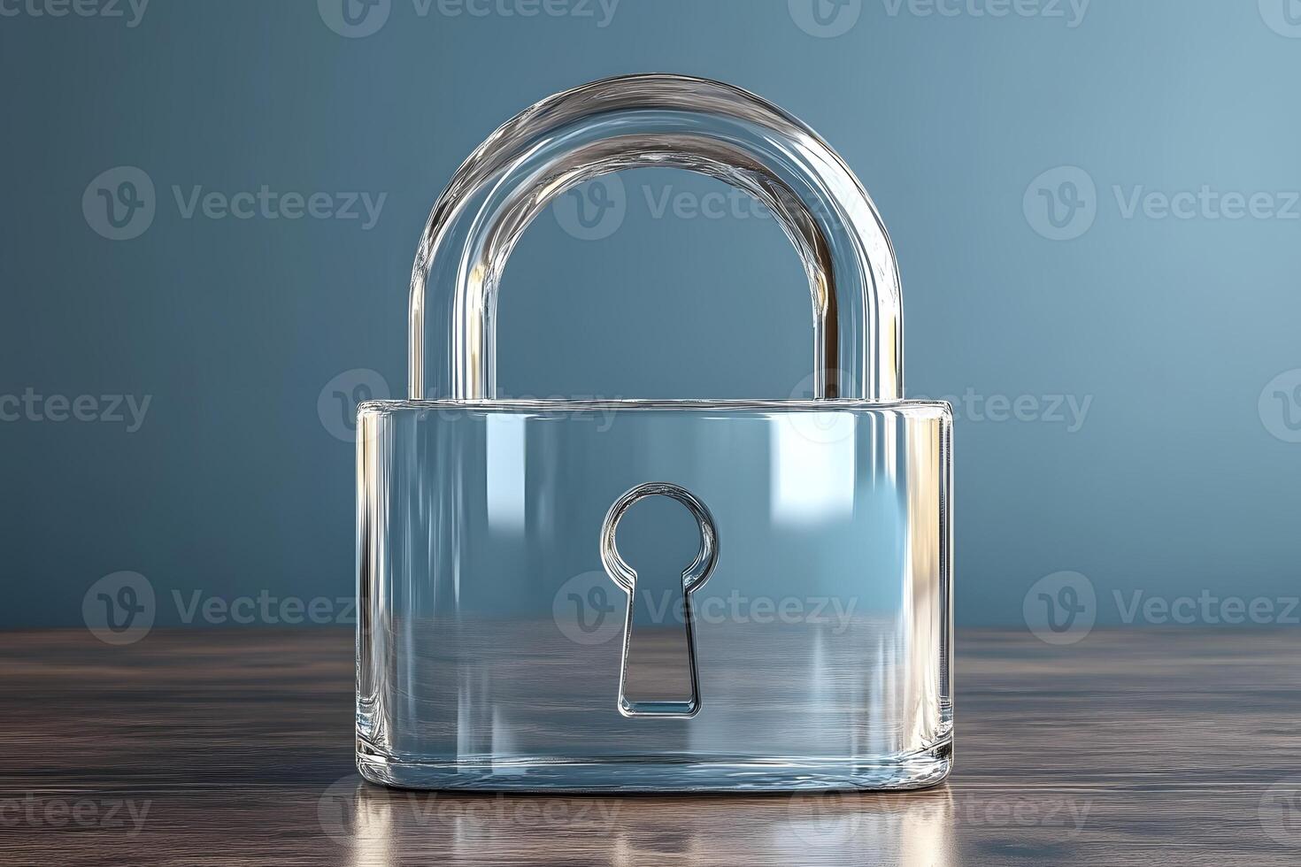 Transparent Glass Padlock on Wooden Surface for Security Concept Design photo