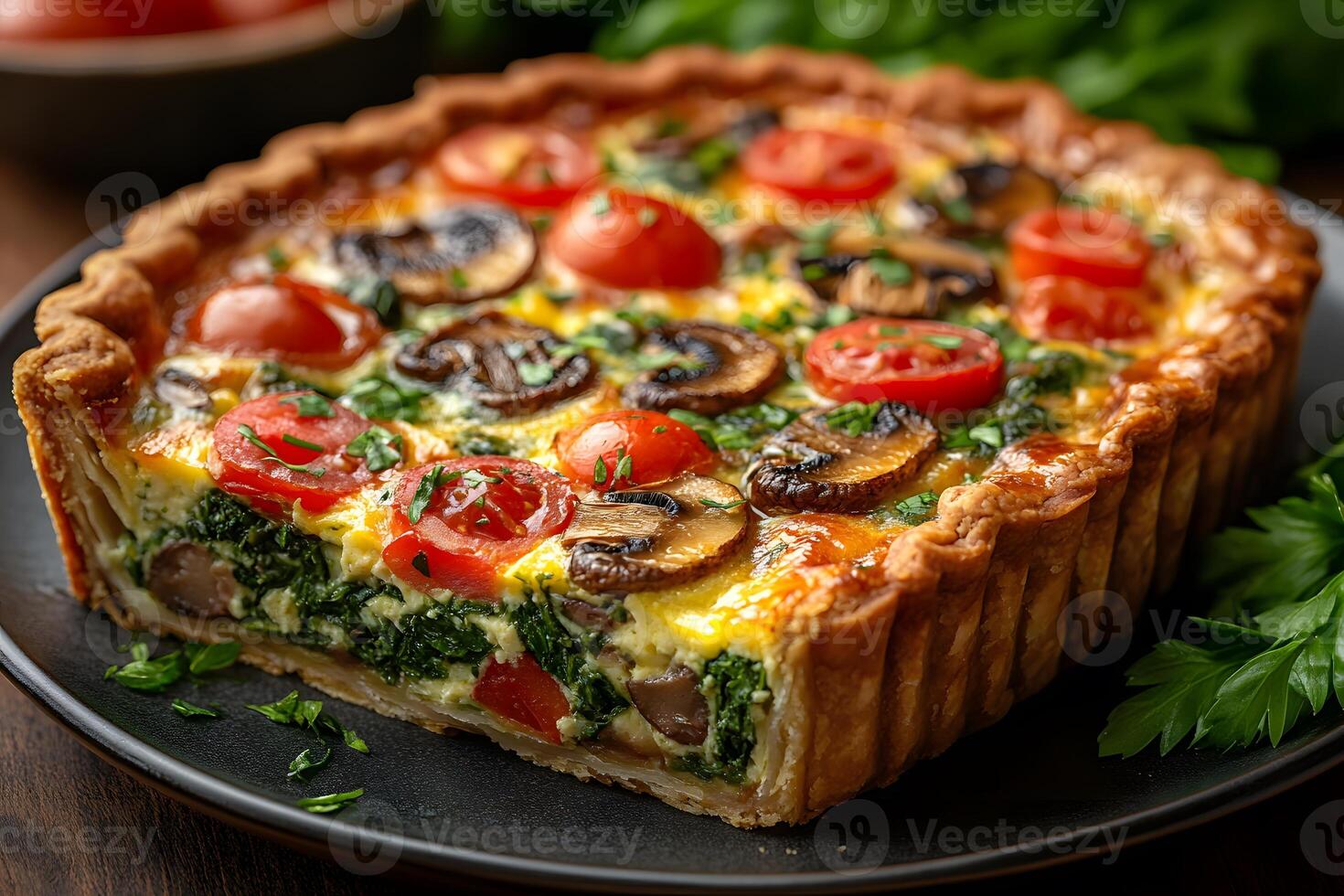 Gourmet Vegetarian Quiche with Cherry Tomatoes, Mushrooms, and Spinach for Culinary Inspiration photo