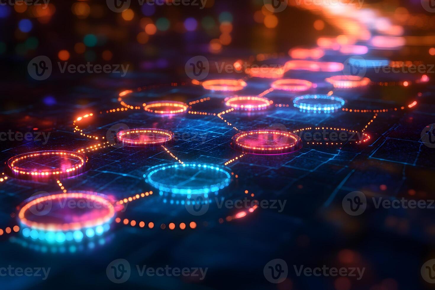 Futuristic Digital Network with Glowing Neon Paths for Technology Themes and Design photo
