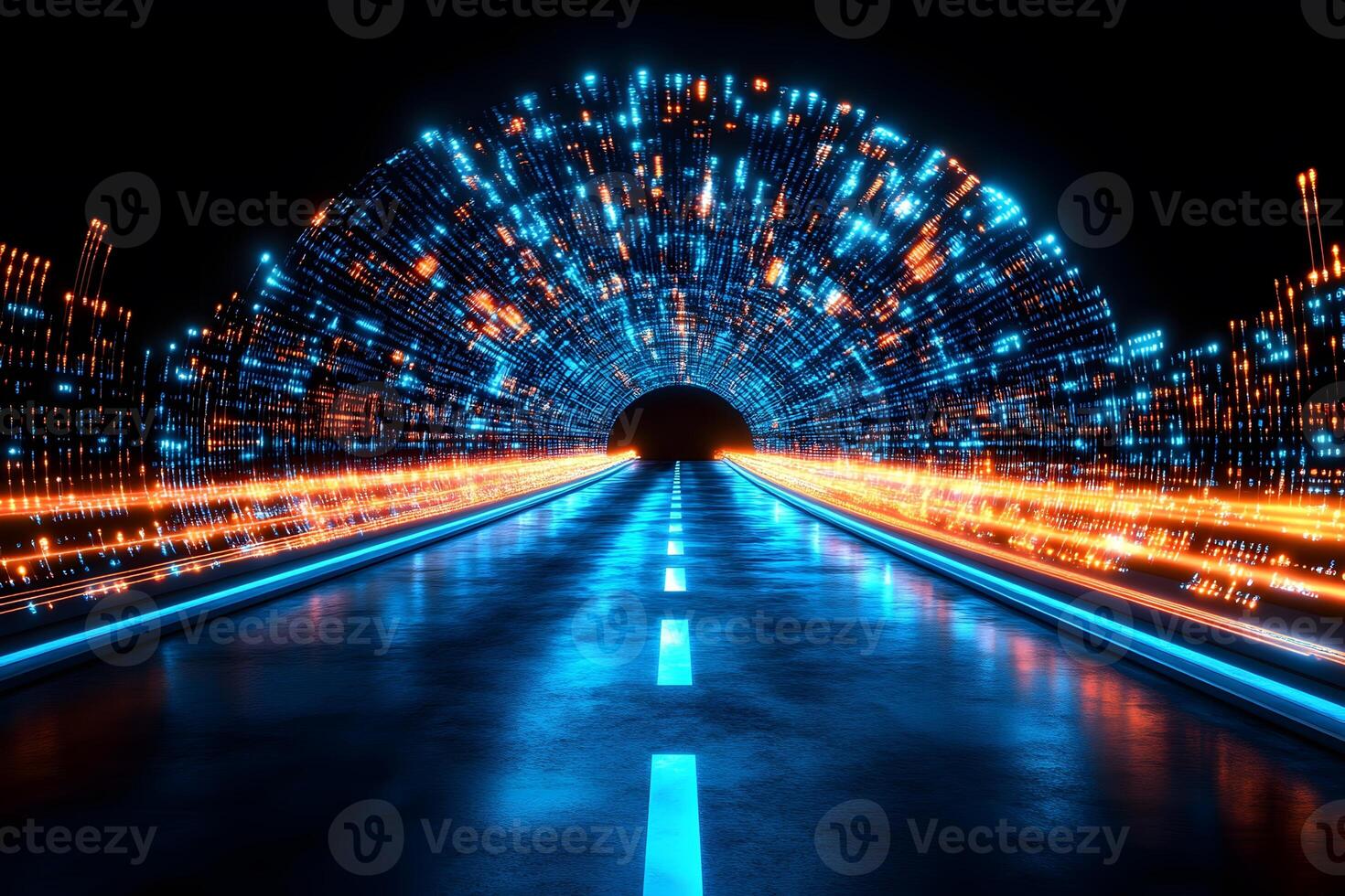 Futuristic Neon Tunnel with Light Trails for Sci-Fi Design and Technology Concepts photo