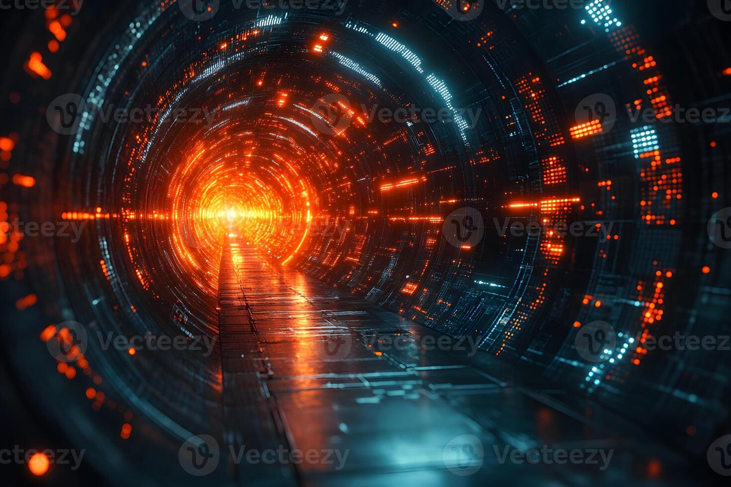 Futuristic Sci-Fi Tunnel with Glowing Lights for Digital Design and Posters photo
