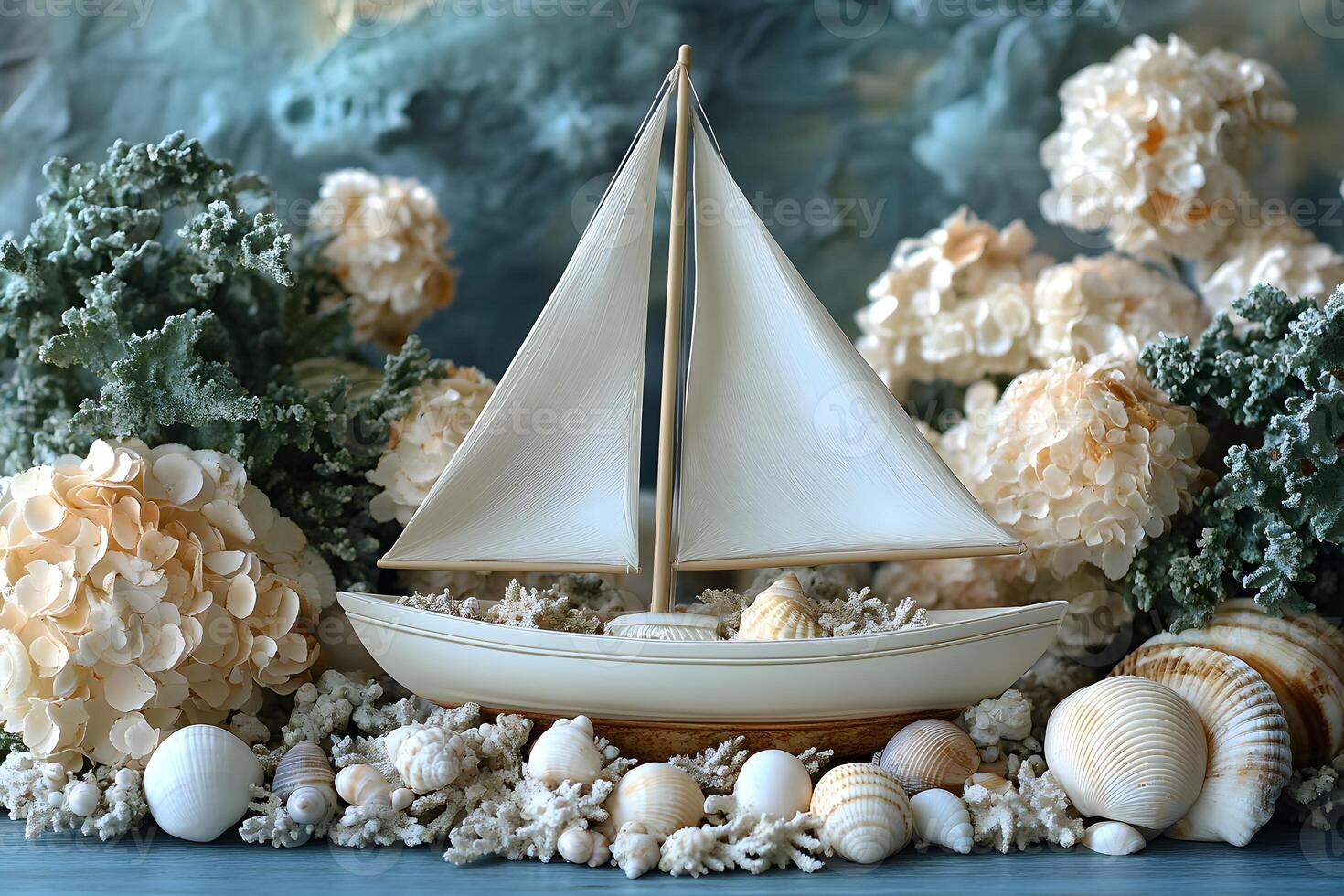 Nautical Decor with Sailboat Surrounded by Seashells and Coral for Coastal Design photo