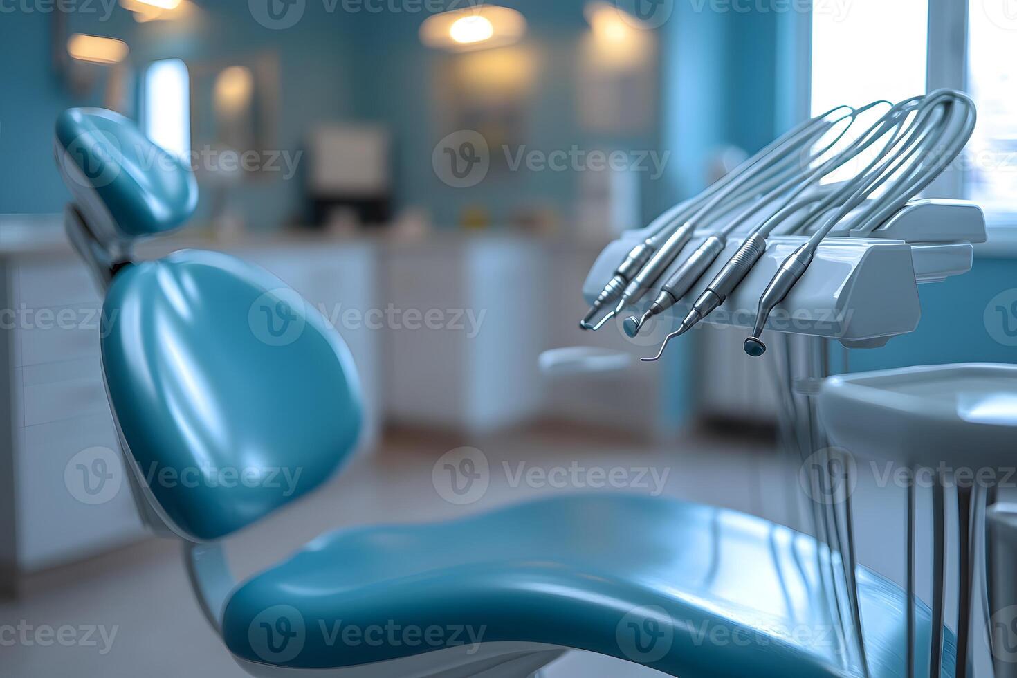 Modern Dental Office Setup with Blue Chair and Dental Tools for Professional Care photo