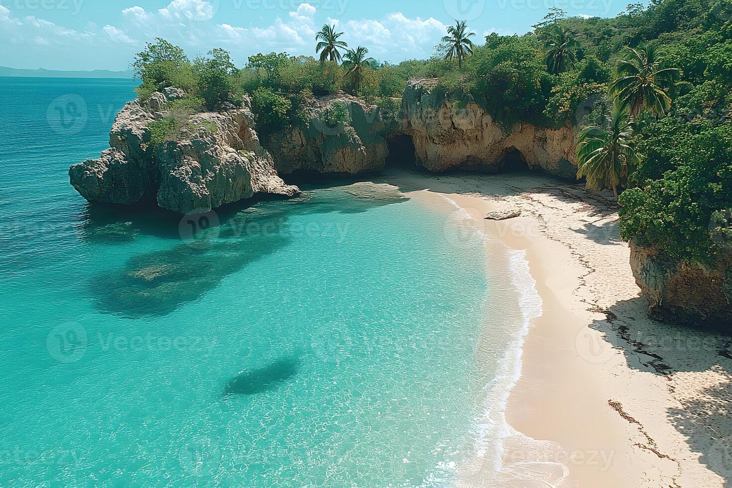 Tropical Paradise Beach Cove with Turquoise Waters and Lush Greenery for Travel Inspiration photo