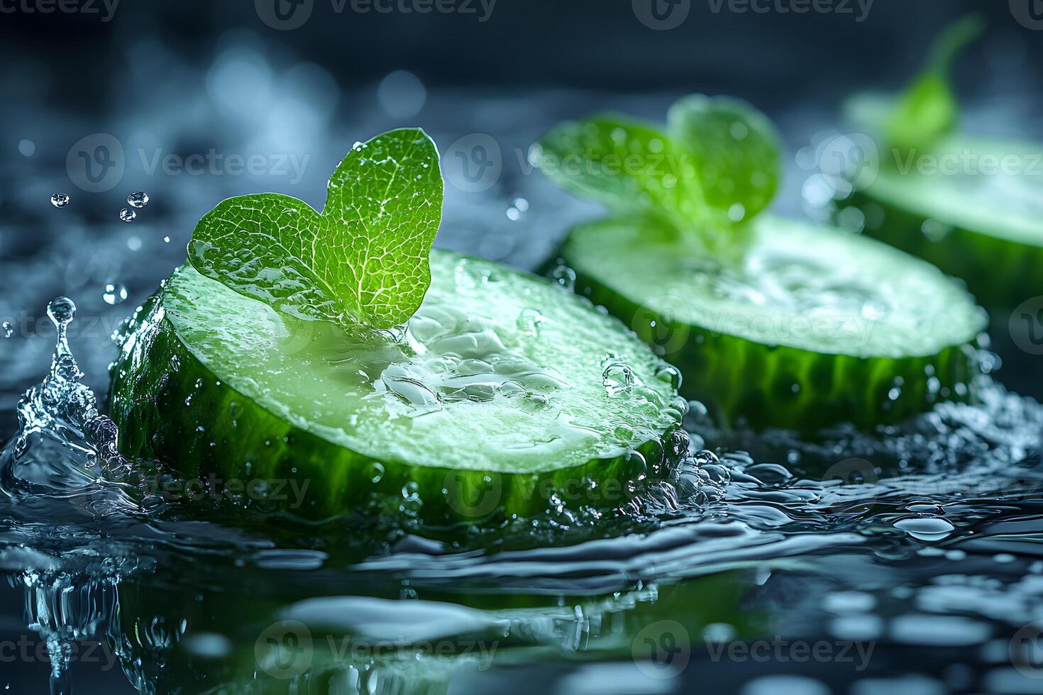 Fresh Cucumber Slices with Mint Leaves in Water Splash for Spa and Wellness Concepts photo