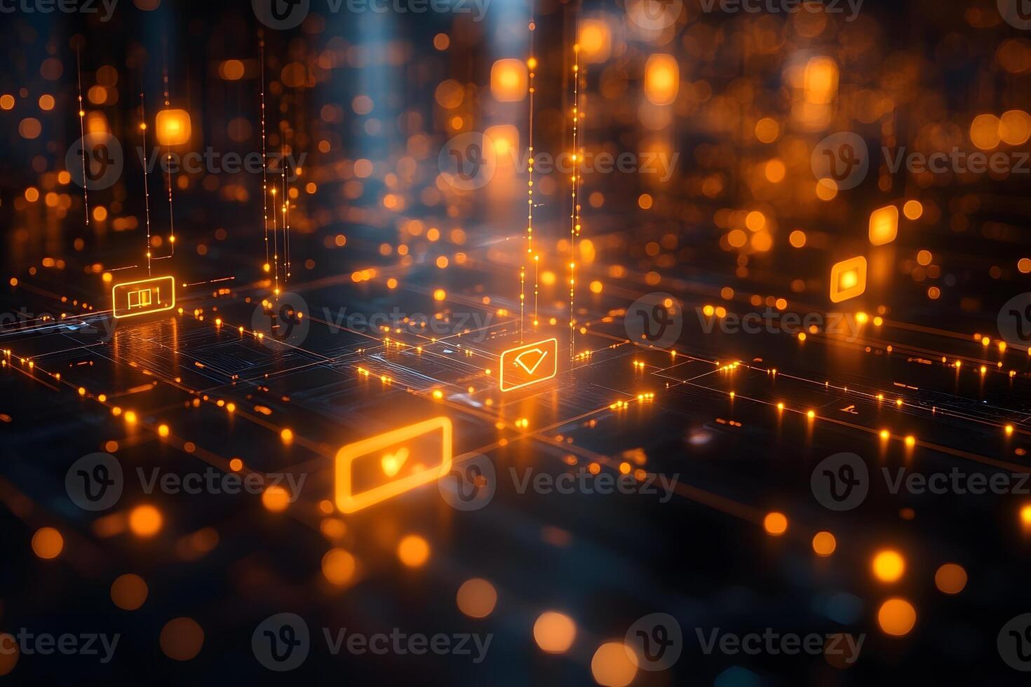 Futuristic Digital Circuit Board with Glowing Orange Light Streams for Technology Design photo