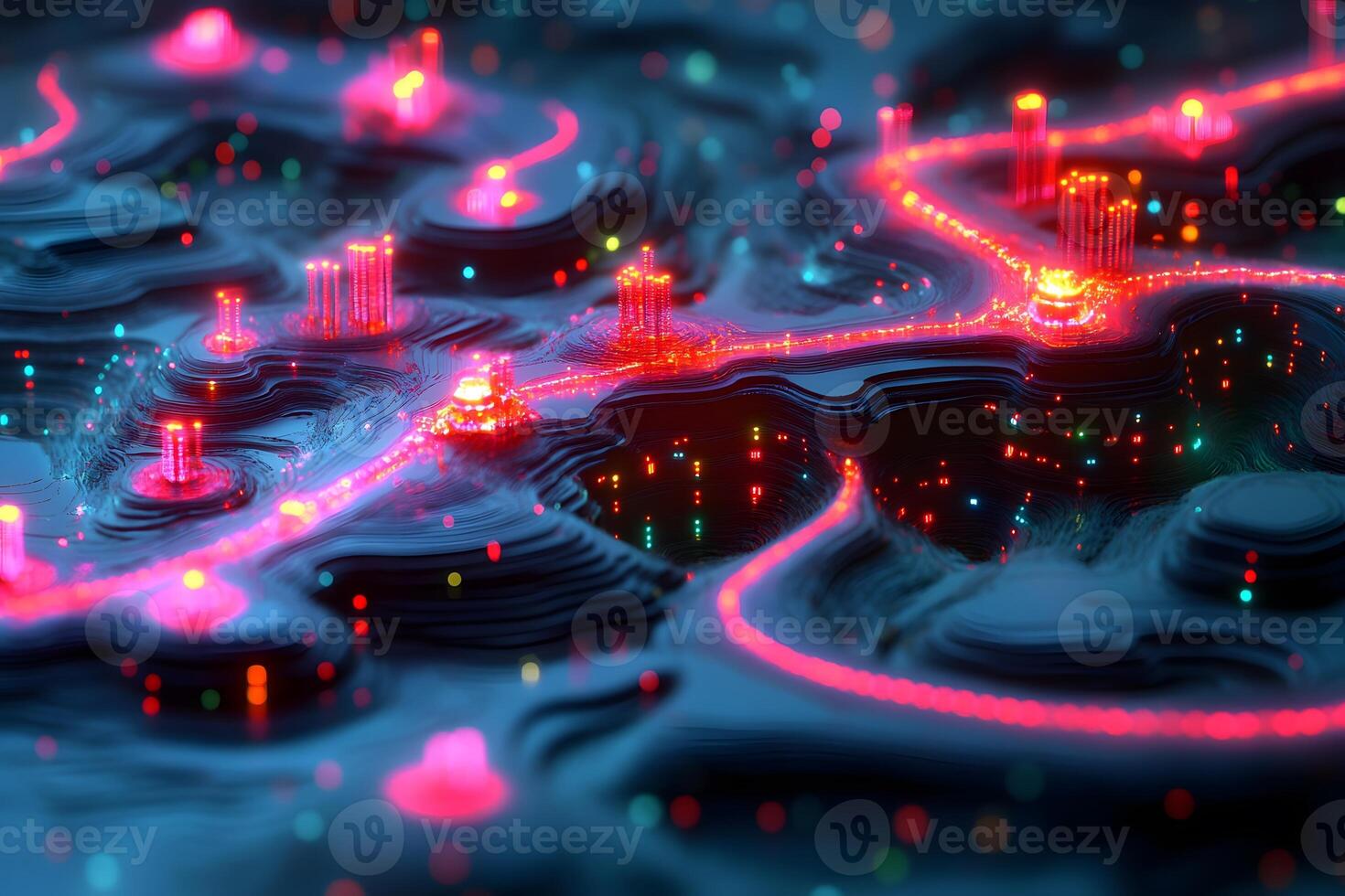 Futuristic Neon Cityscape with Glowing Pathways and Buildings photo
