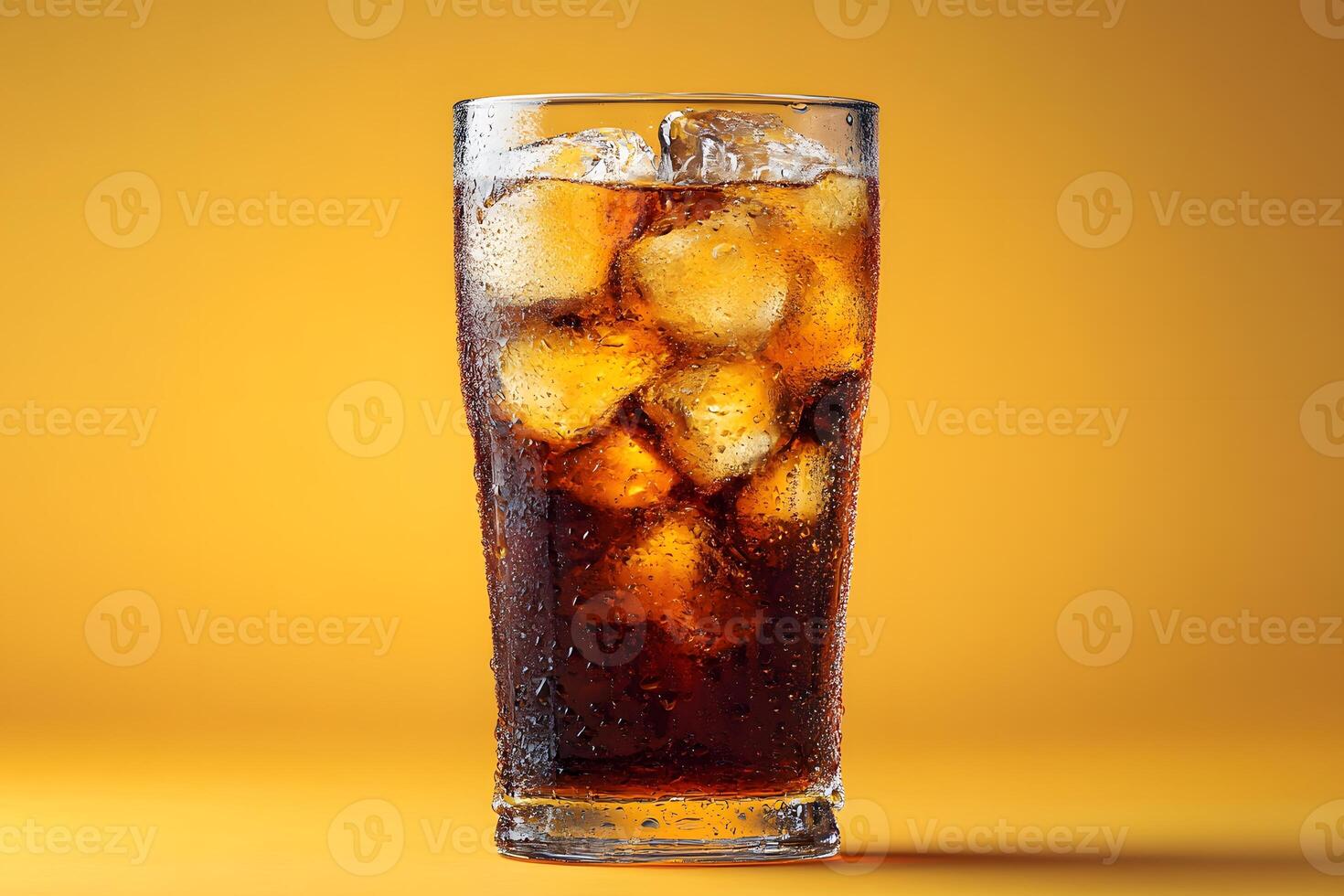 Refreshing Iced Cola Beverage in Tall Glass Against Gradient Background photo
