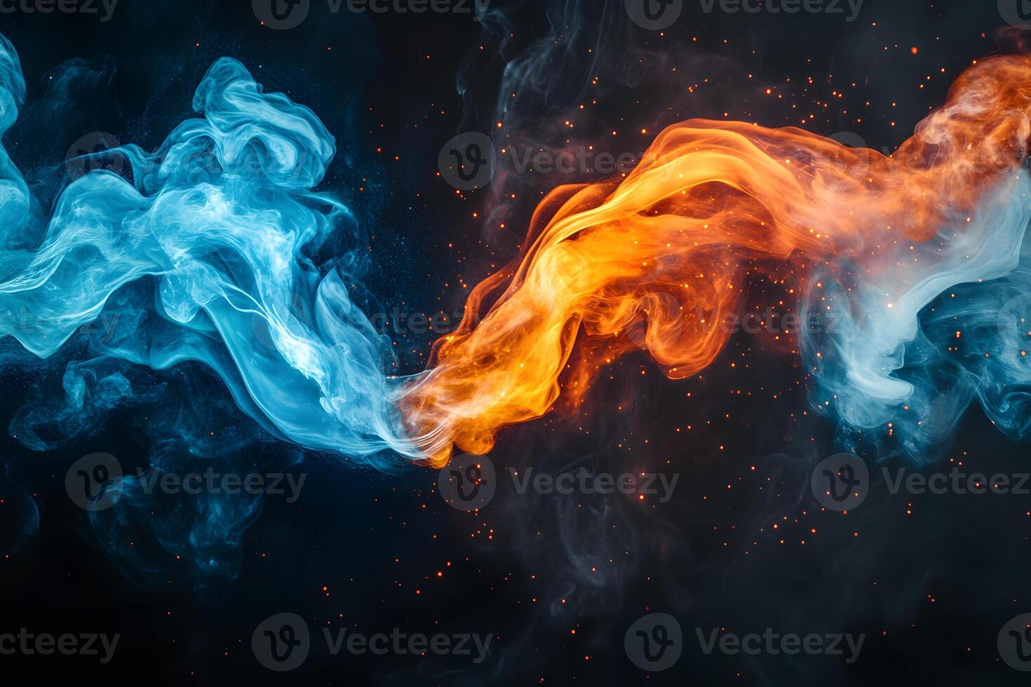 Fiery Clash of Elements Dynamic Interplay of Blue and Orange Smoke photo
