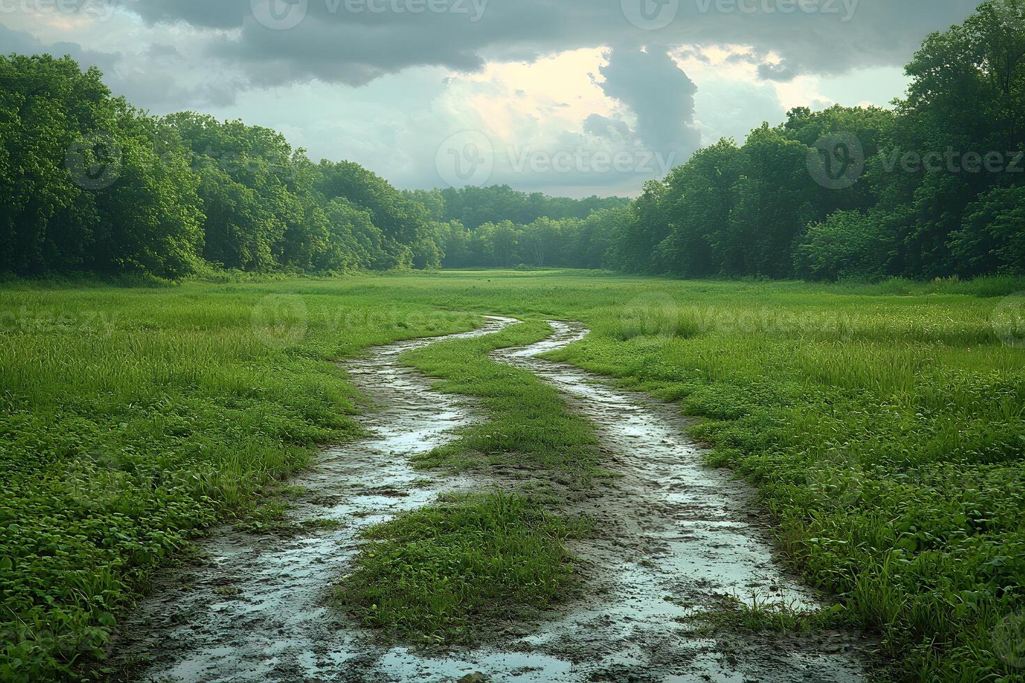 Muddy Path Through Verdant Forest on a Cloudy Day for Nature Photography and Exploration photo