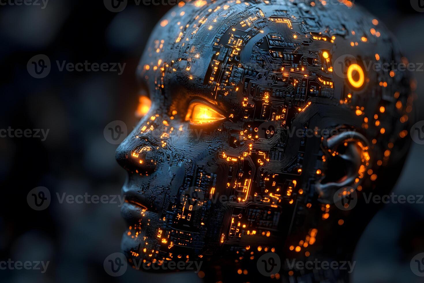 Futuristic Cybernetic Face with Glowing Circuitry for Tech Innovation Poster photo