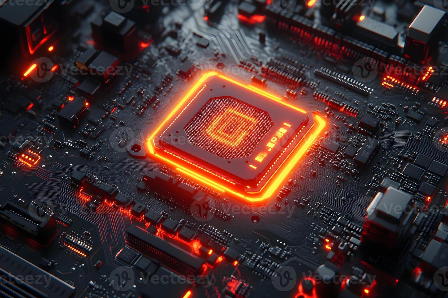 Futuristic Technology Concept Featuring Glowing Processor on Circuit Board for Innovation Poster Design photo