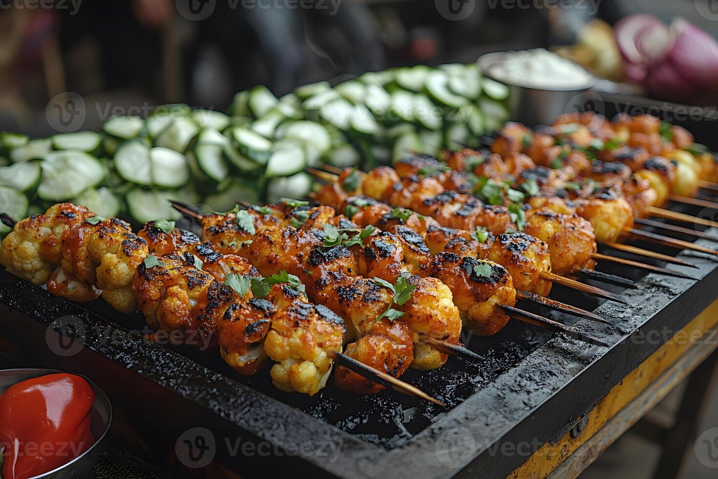 Grilled Shrimp Skewers with Cucumber Slices at an Outdoor Barbecue photo