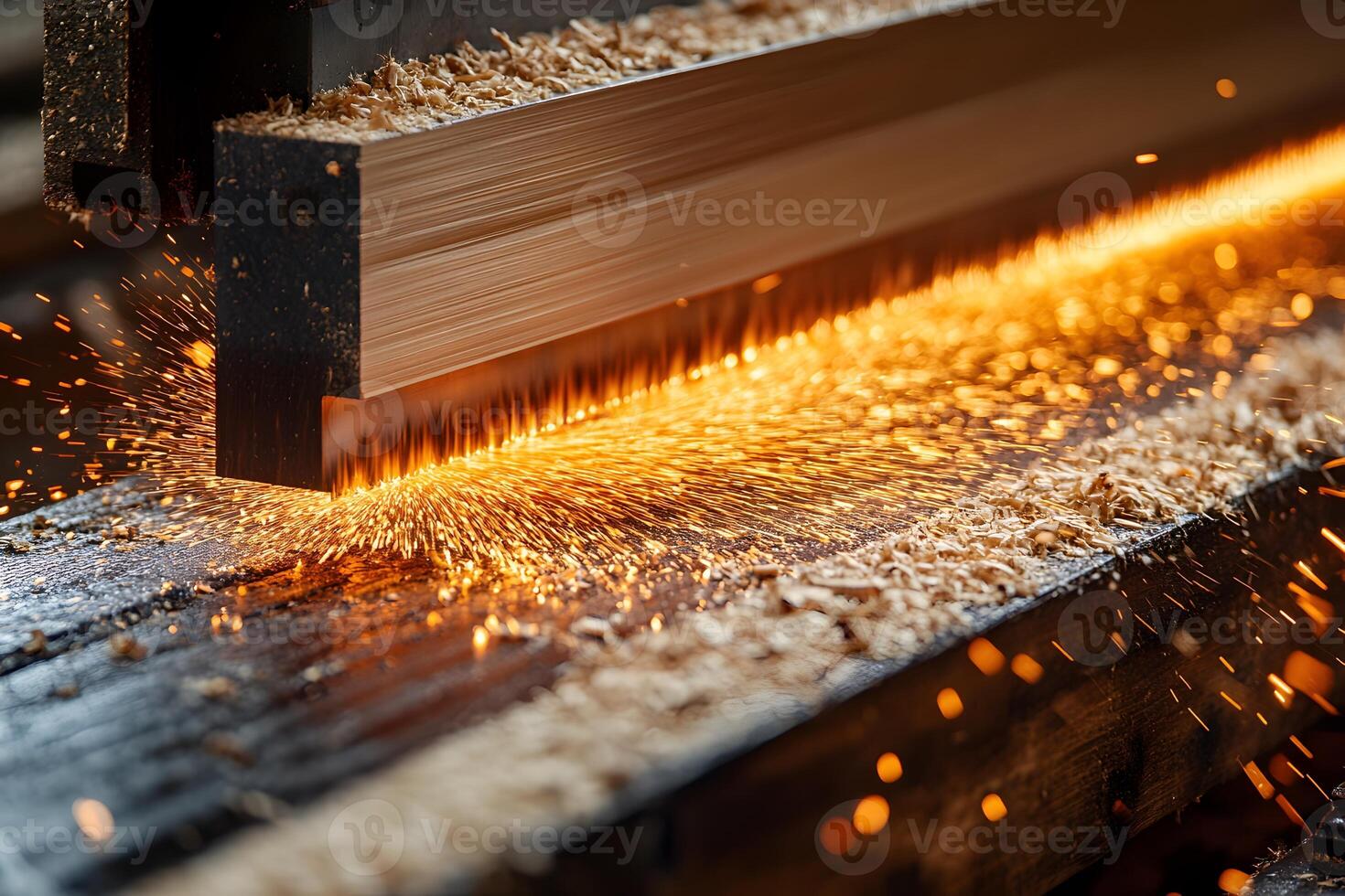 Industrial Metal Cutting with Sparks in a Woodworking Factory Setting for Manufacturing and Engineering Design photo