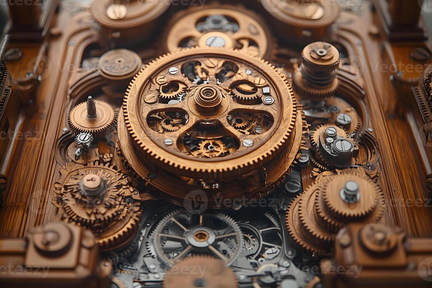 Intricate Wooden Mechanical Gears - Steampunk Design and Engineering Concept photo