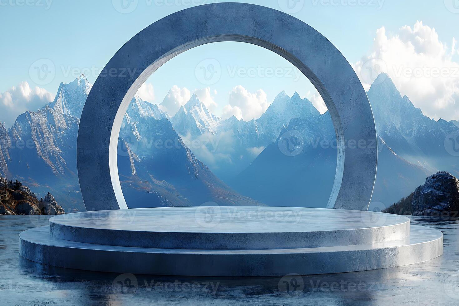 Abstract Circular Stage with Mountain Landscape for Creative Design photo