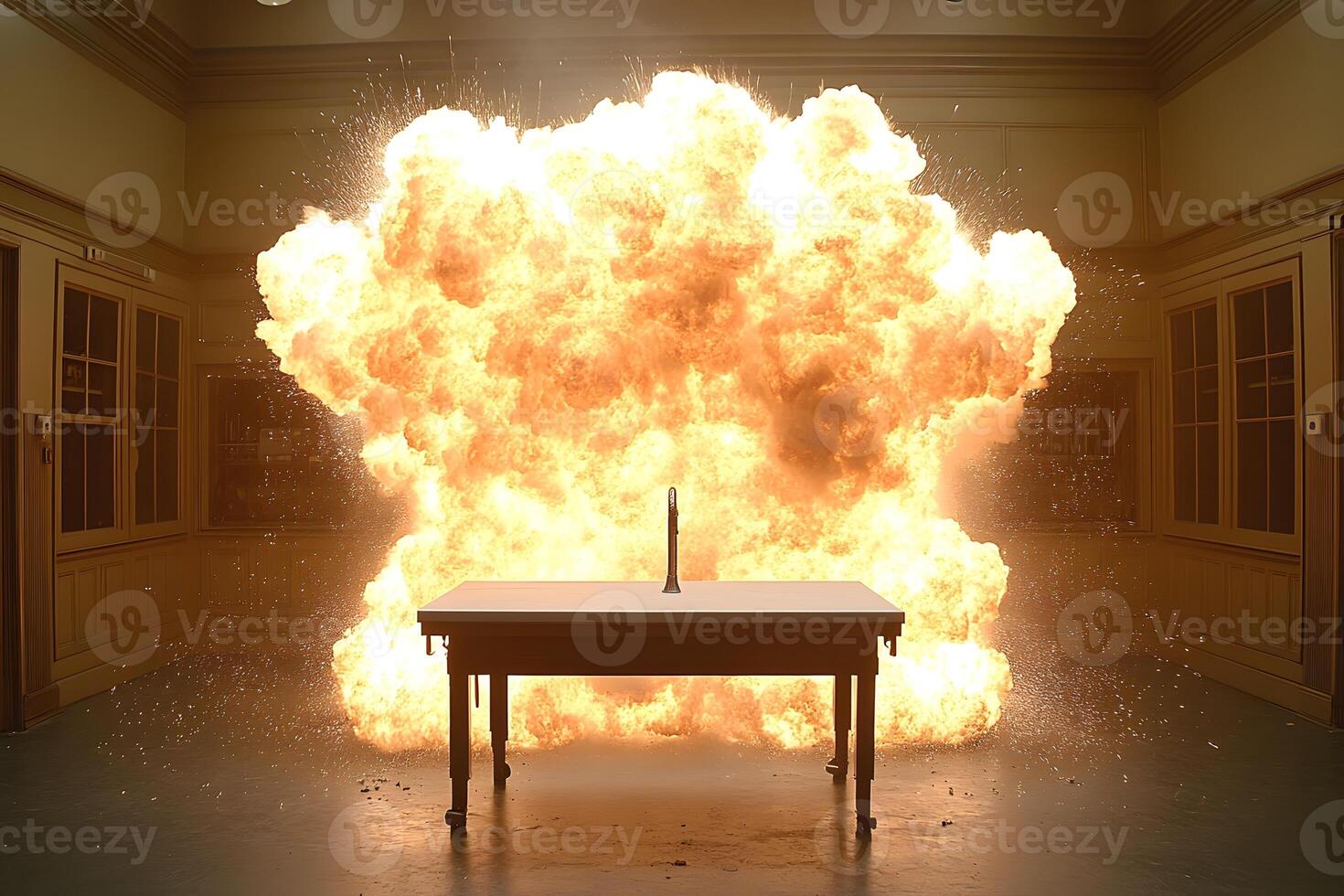 Dramatic Explosion Behind Table in Laboratory Setting for Action Scenes and Design photo