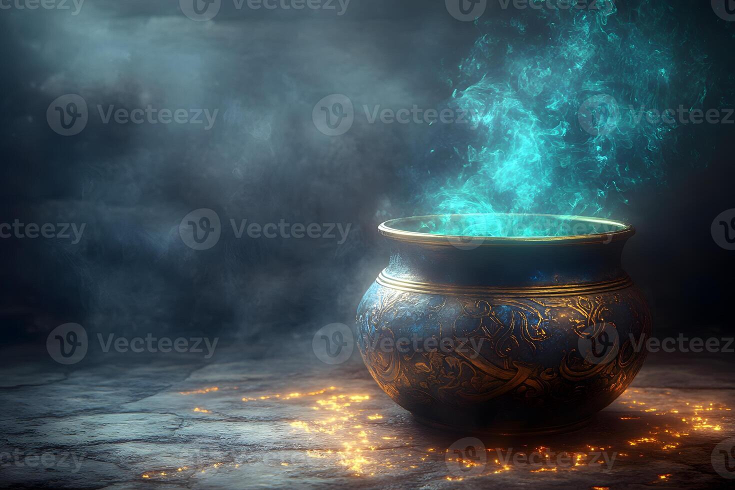 Mystical Blue Cauldron with Enchanting Glow in Dark Fantasy Setting photo