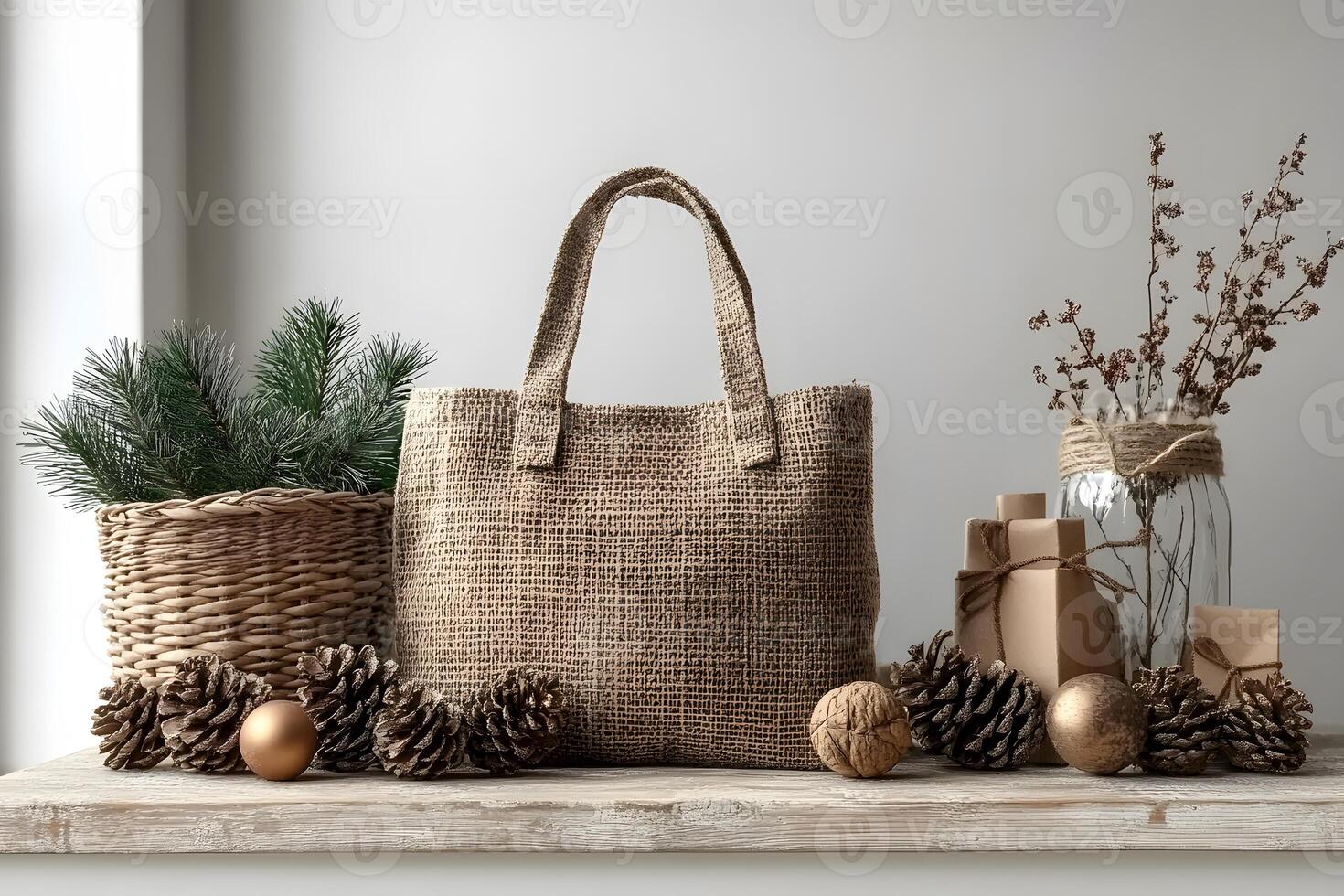 Rustic Christmas Display with Burlap Bag and Natural Decor for Holiday Design photo