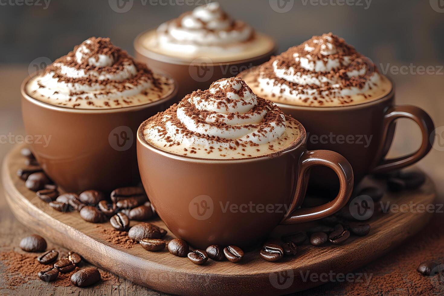 Four Cappuccinos with Whipped Cream and Cocoa in Brown Mugs on Wooden Tray photo