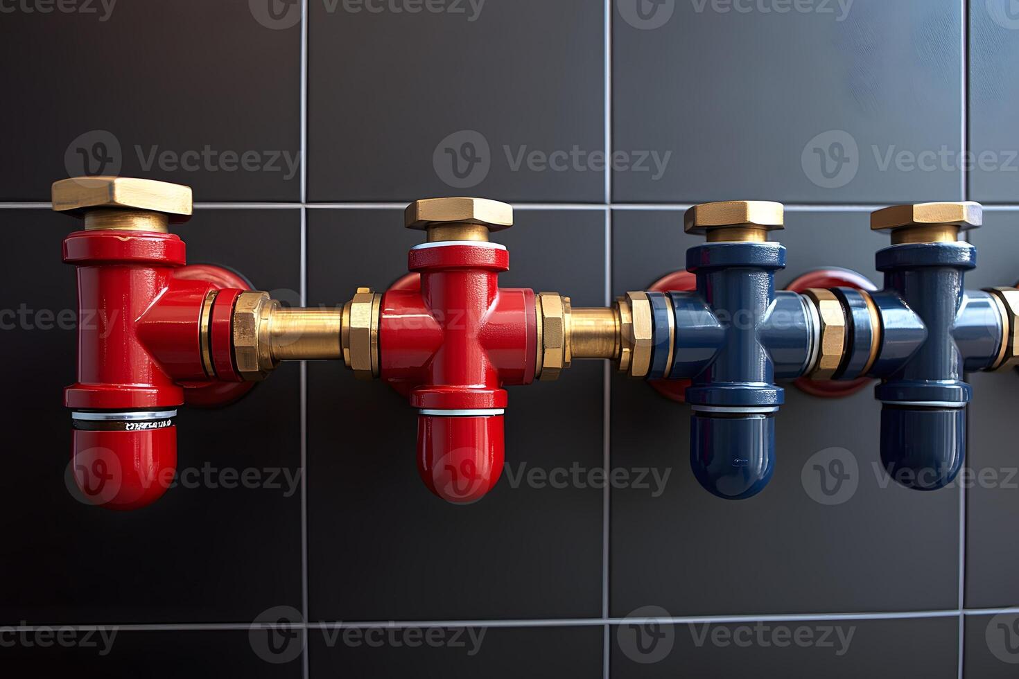Industrial Plumbing Components Red and Blue Valves Against Tiled Wall for Maintenance and Design photo
