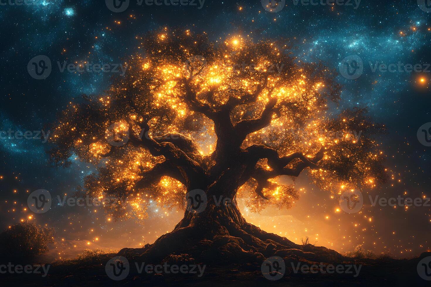 Magical Tree with Luminous Leaves Against a Starry Night Sky for Enchanting Designs photo