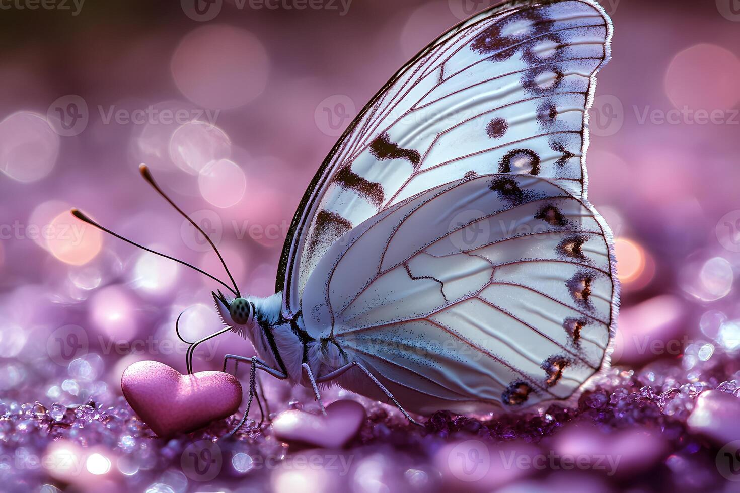 Delicate Butterfly on Heart-Shaped Decorations - Romantic Nature Concept for Valentine's Day Design photo