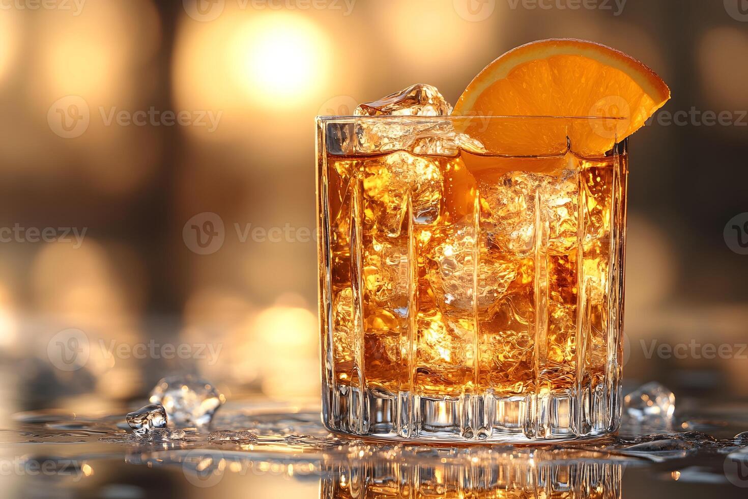 Refreshing Summer Cocktail with Orange Slice and Ice Cubes at Sunset photo