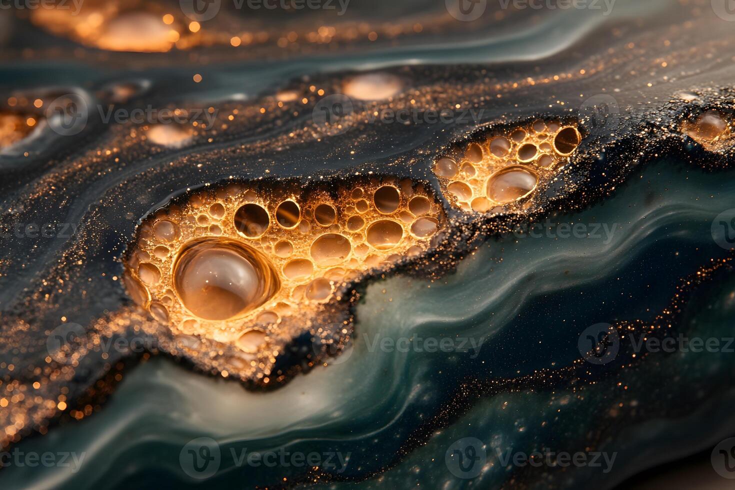 Abstract Golden and Blue Fluid Art with Bubbles - Ideal for Modern Decor and Design photo
