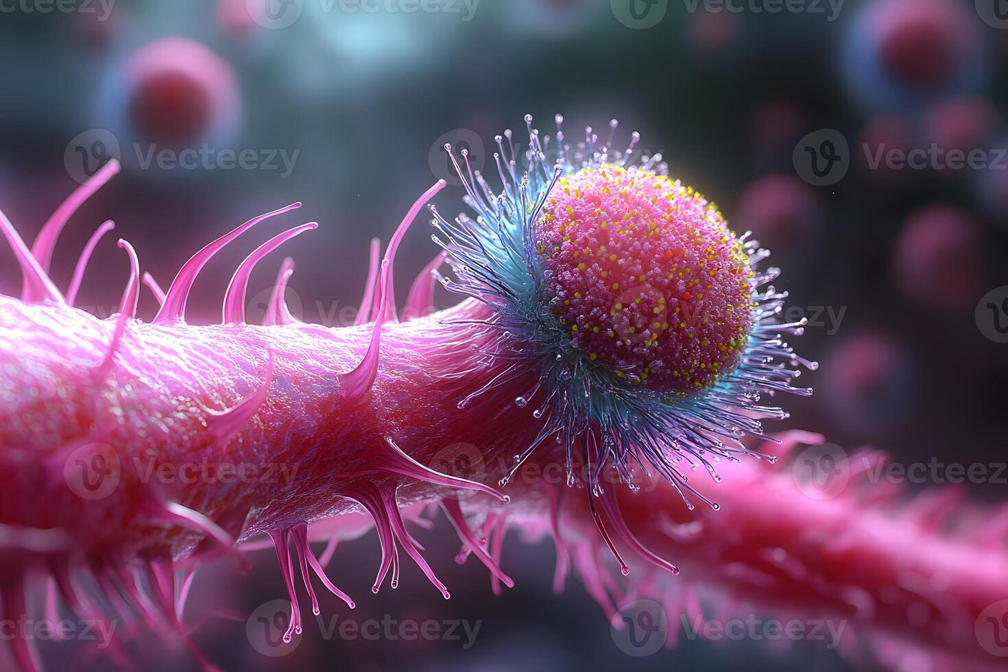 Intricate Microbial World Close-up of Vibrant Bacterium Structure in Pink and Blue photo