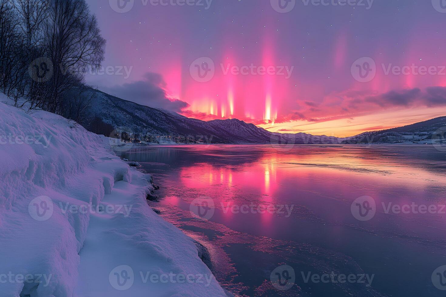 Stunning Winter Landscape with Vibrant Northern Lights Reflected on Snowy Lake photo