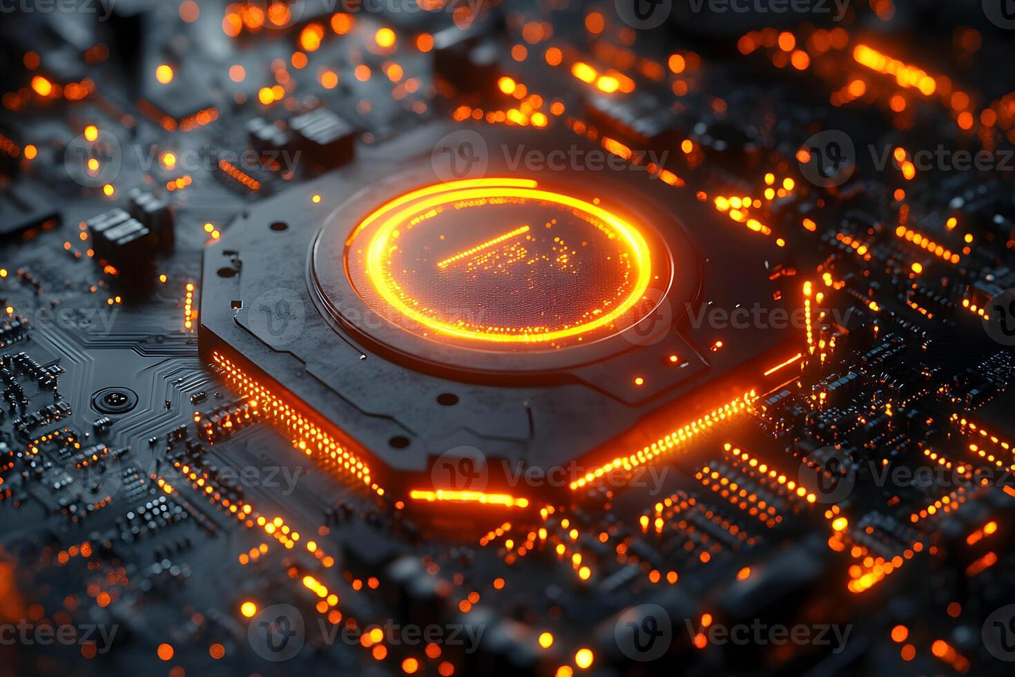 Futuristic Technology Concept Glowing Processor on Circuit Board for Digital Innovation Design photo