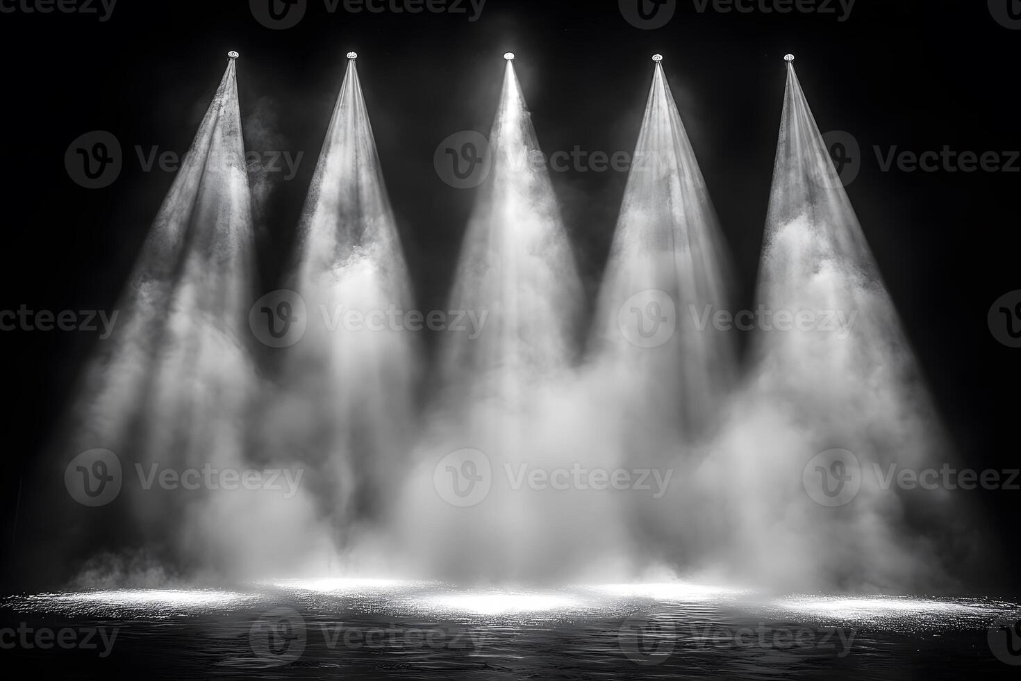 Dramatic Stage with Five Spotlights and Dense Fog for Theater or Concert Themes photo