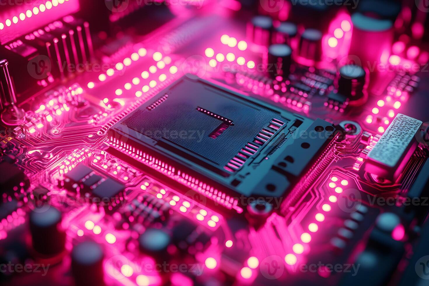 Neon Electronic Circuit Board with Glowing Components for Technology and Innovation Themes photo