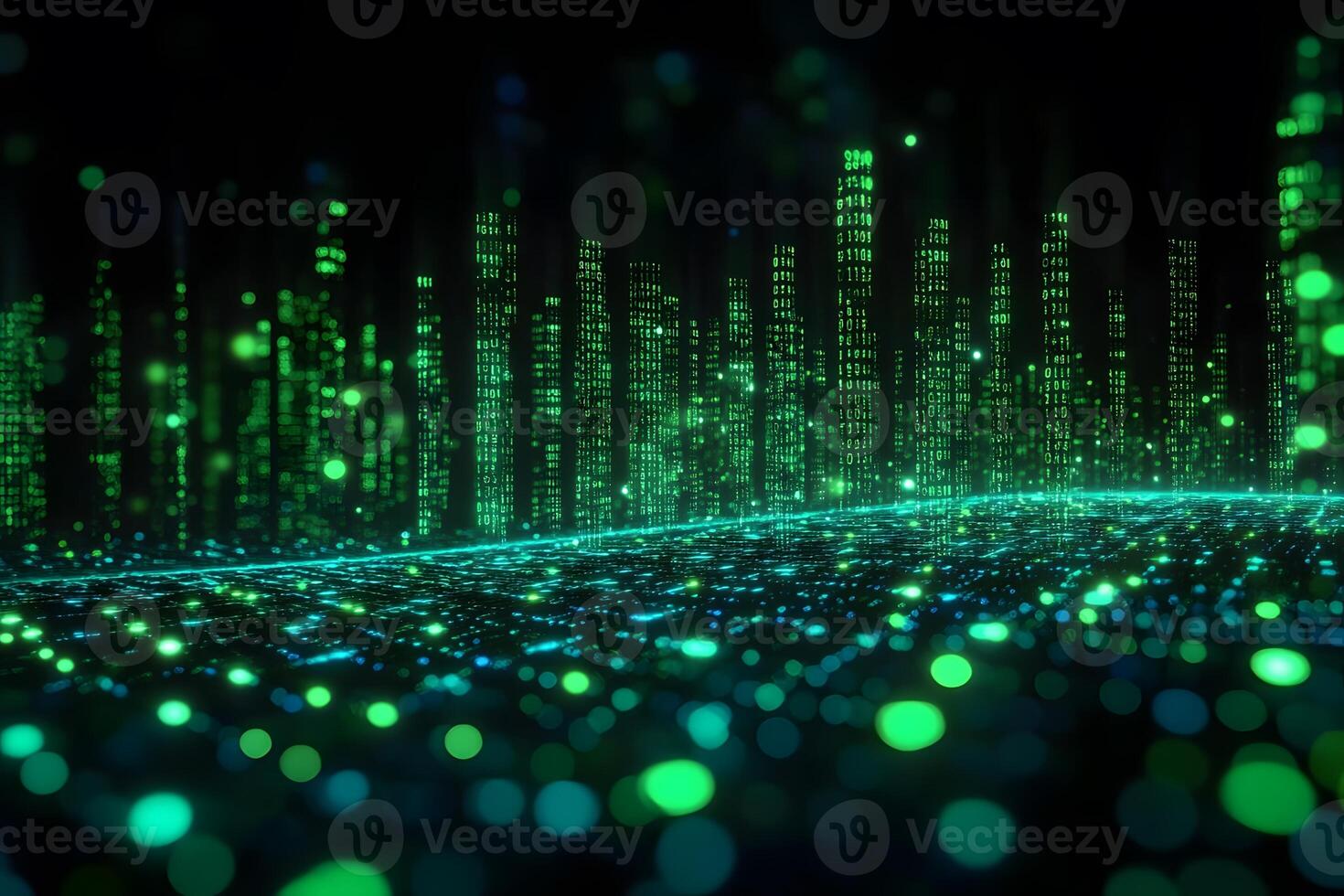 Futuristic Digital Matrix Landscape with Neon Green Binary Code for Technology Design photo