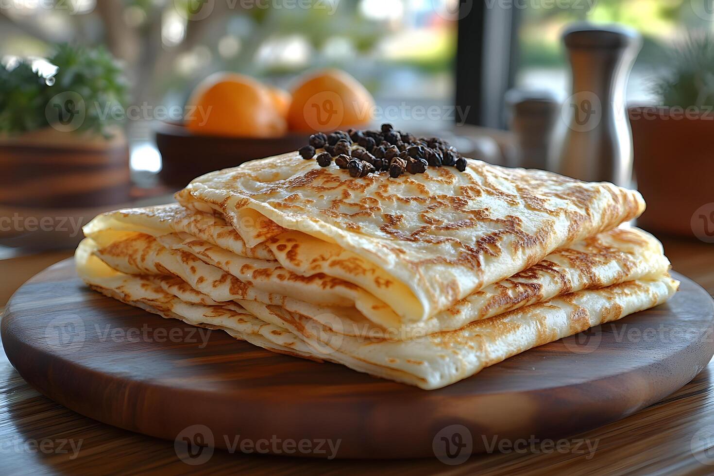Delicious Stack of Crepes with Black Pepper Garnish for Breakfast and Brunch Concepts photo