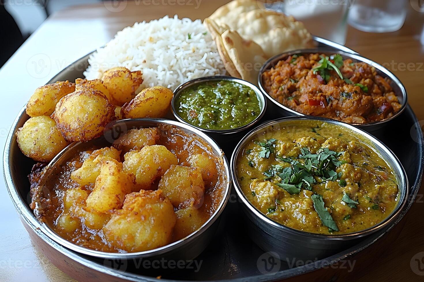 Traditional Indian Thali with Diverse Vegetarian Dishes for Authentic Dining Experience photo