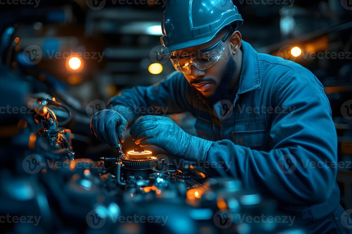 Focused Engineer Working on Machinery in Industrial Setting photo