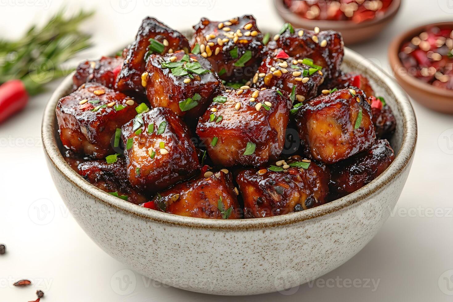Delicious Glazed Tofu Bowl with Fresh Herbs and Sesame Seeds - Perfect for Healthy Asian Cuisine Design photo