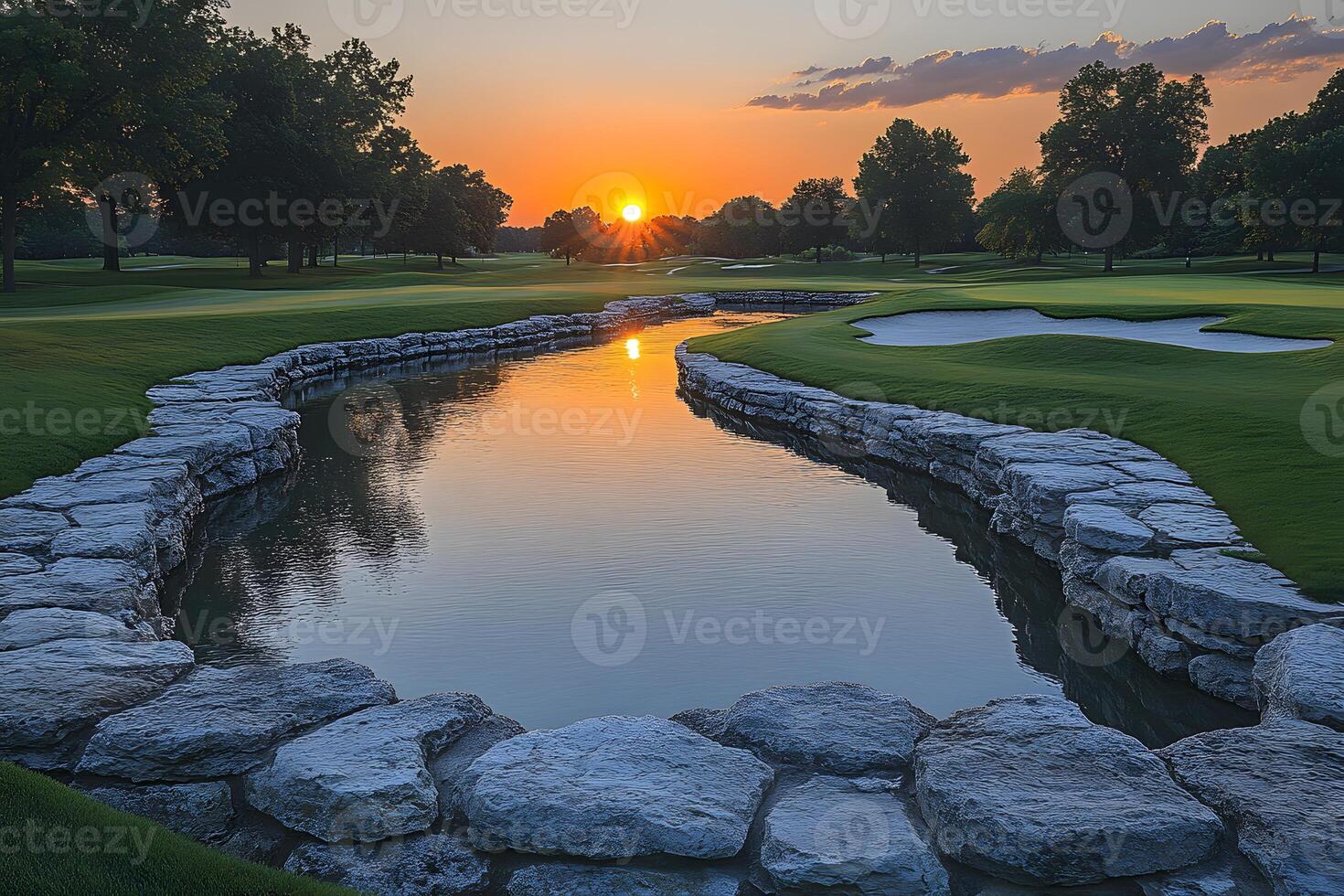 Tranquil Golf Course Sunset Landscape for Nature and Recreation Design photo