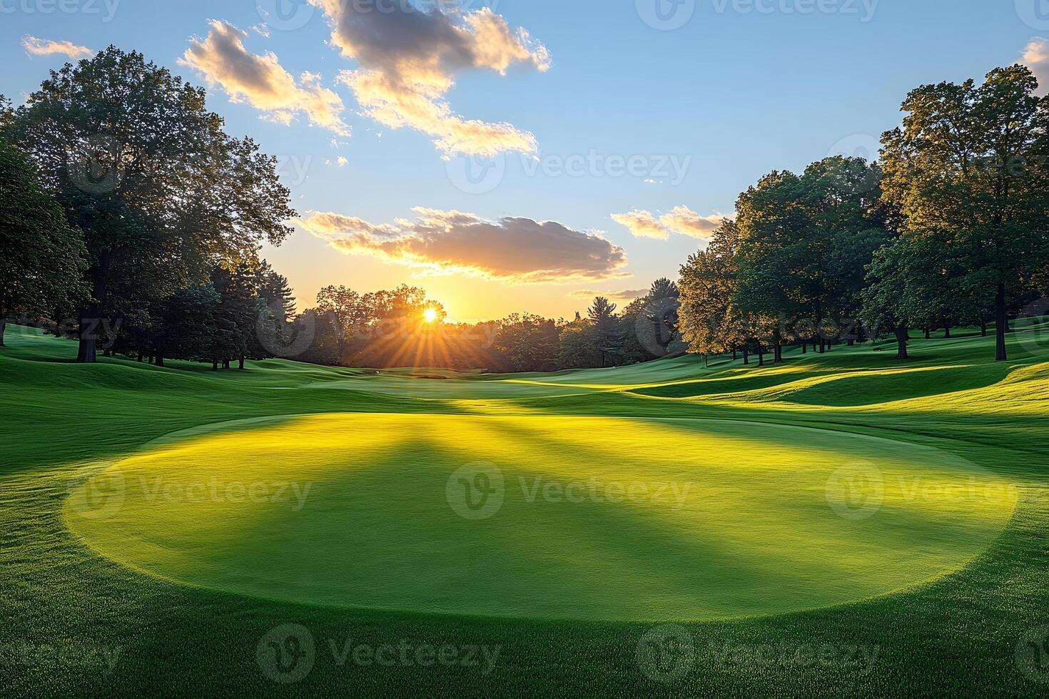 Serene Sunset on Pristine Golf Course Landscape with Lush Green Fairways photo