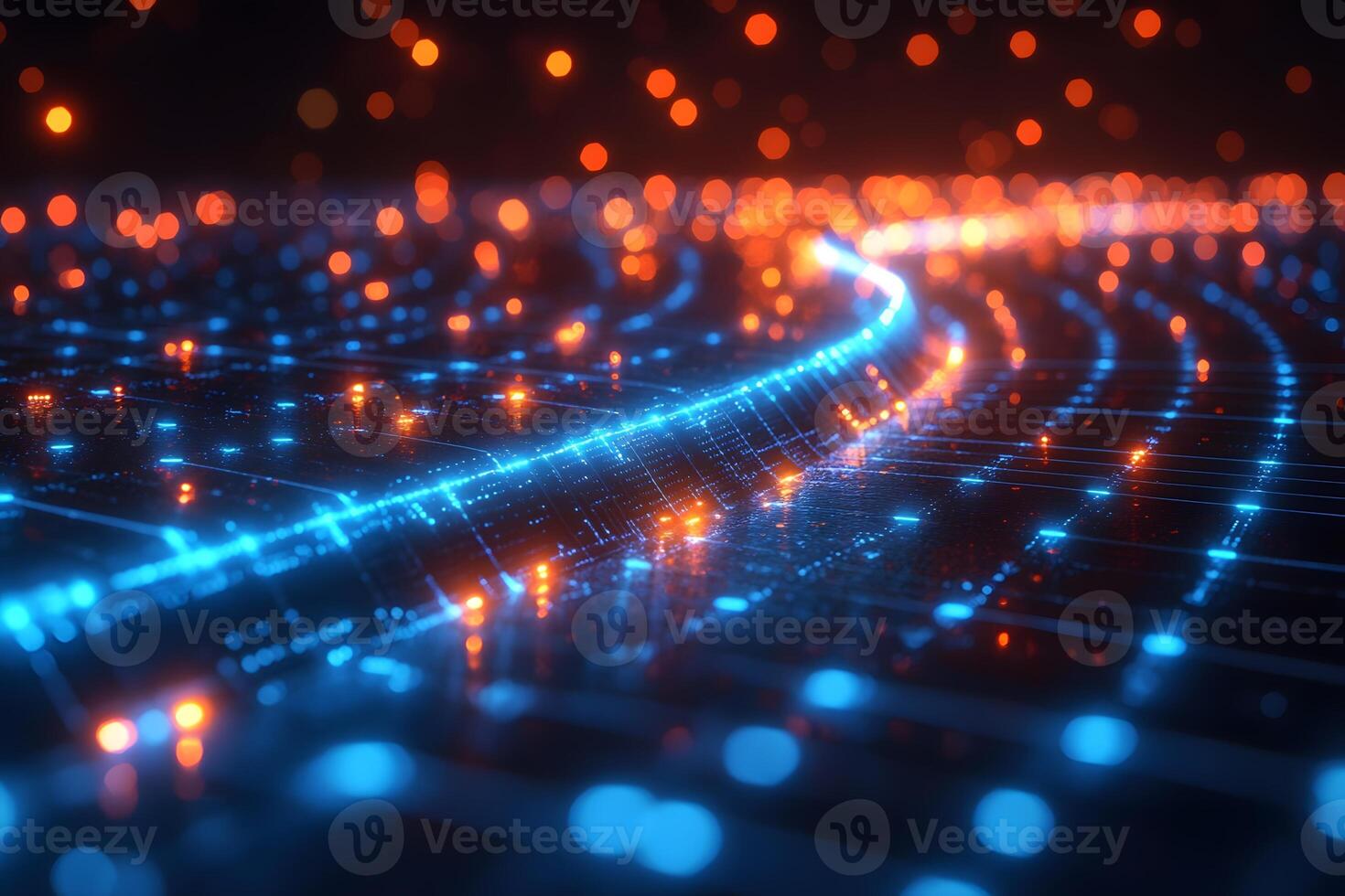 Futuristic Digital Pathway with Glowing Blue and Orange Lights, Technology Concept for Innovation and Connectivity photo