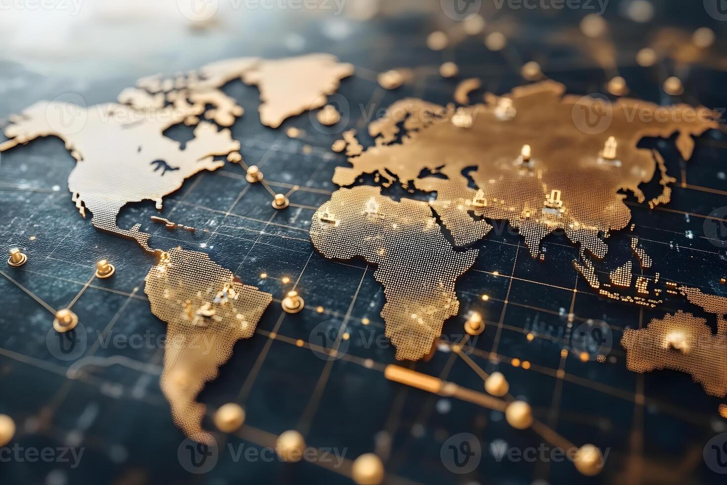 Global Network Concept with Golden World Map for Technological and Business Designs photo