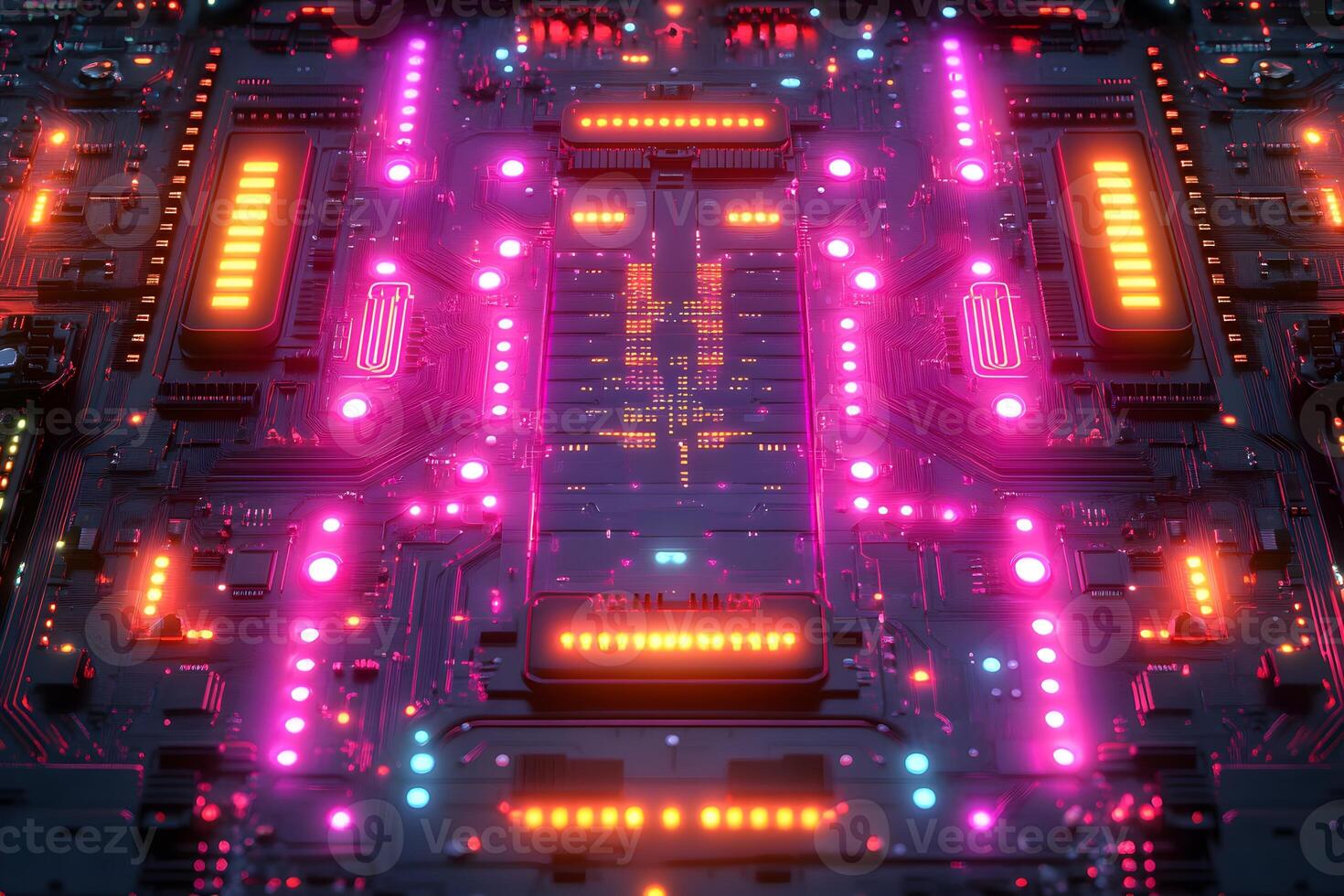Futuristic Cyberpunk Circuit Board with Neon Glowing Lights for Tech Design photo